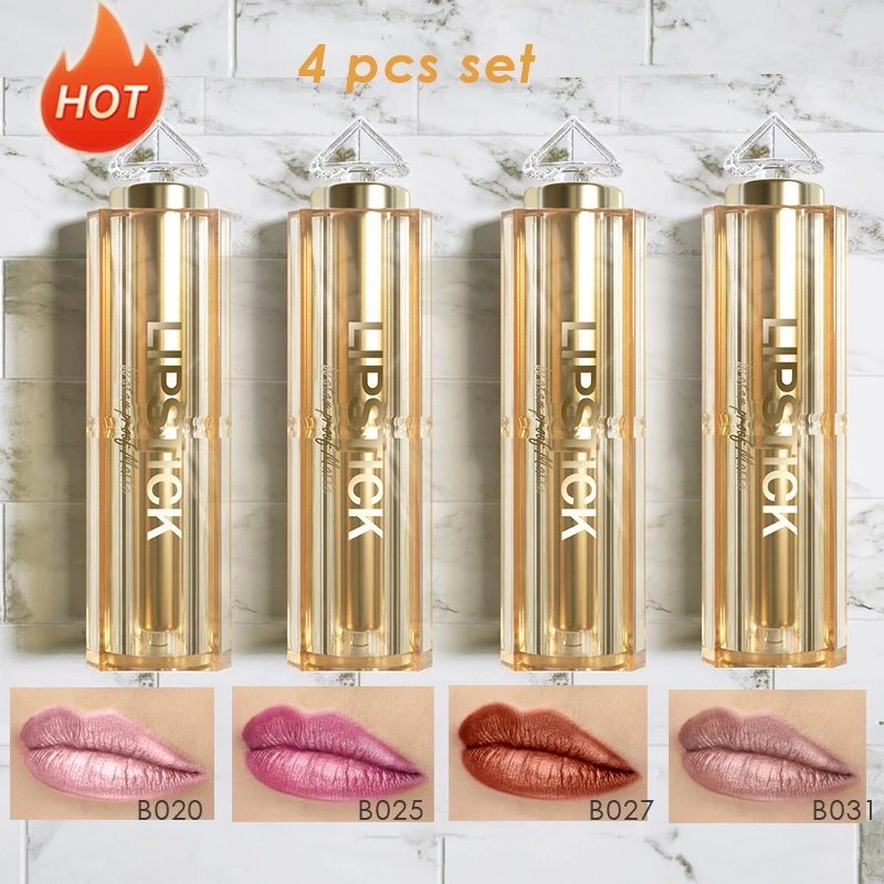 4 PCS Kit Pearl Shimmer Lipstick Metallic Glitter Lipstick Long Lasting Cruelty Free Nude Pink Long Lasting Waterproof 4 Colors