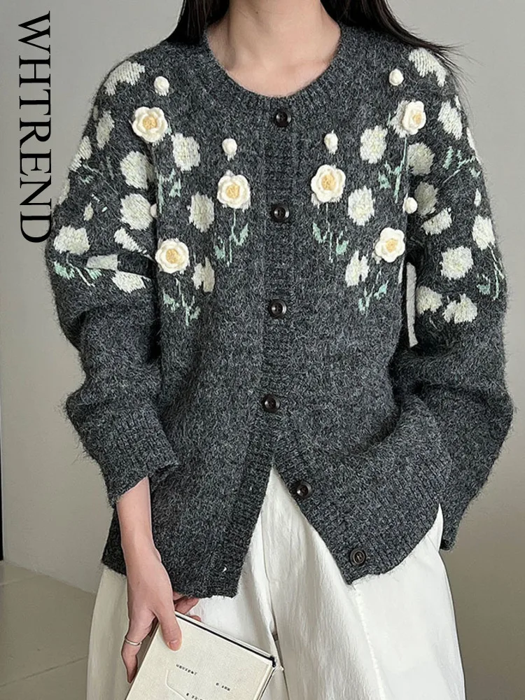 

WHTREND Korean Style Jacquard Knitted Sweater For Women Chic Design Flower Soft Knitwear Top Autumn Winter New WH1415