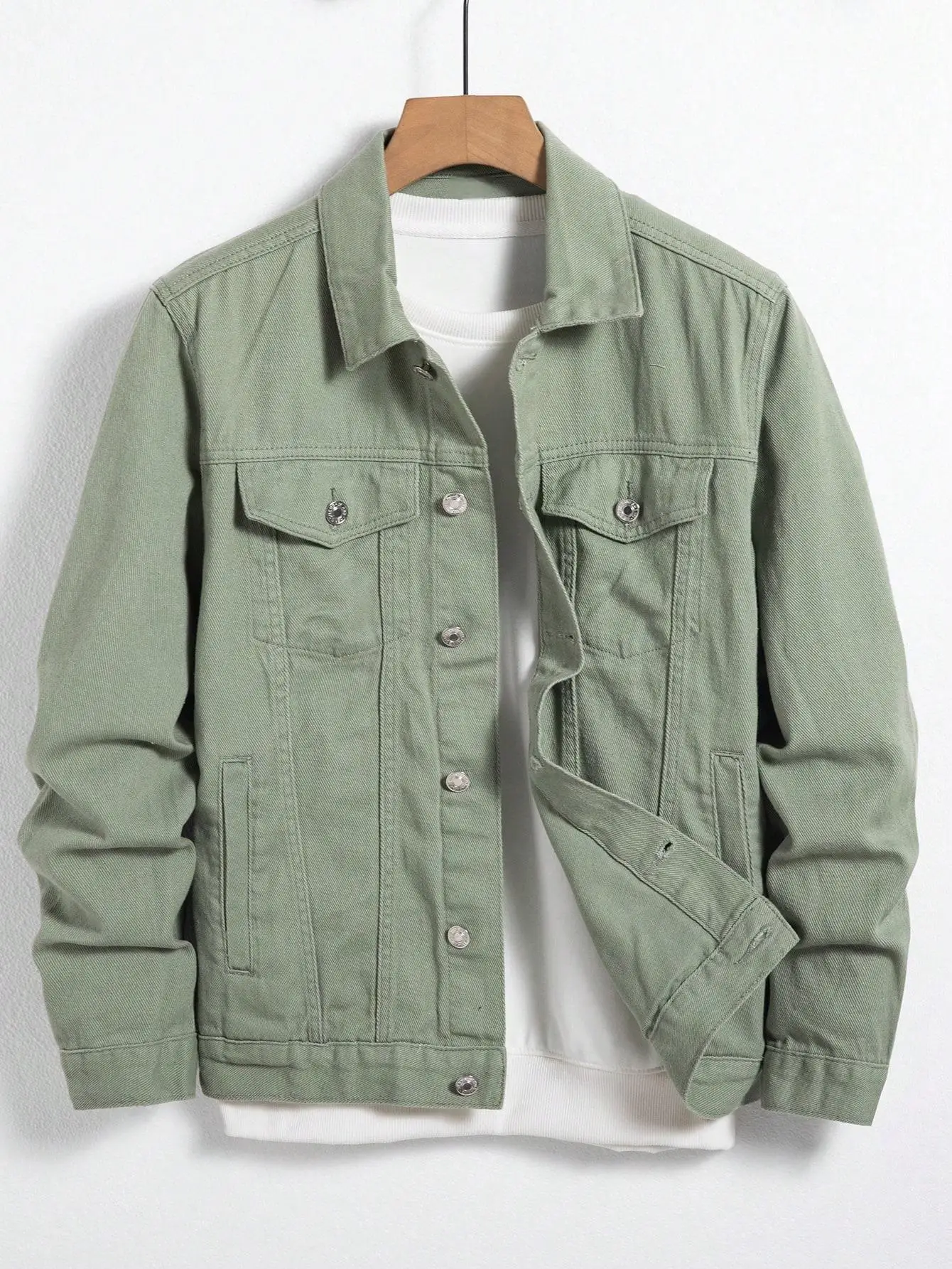 Men's Denim Jacket for Spring and Autumn. Green Coat. Fashionable, Trendy, Simple Style. For Daily Casual Wear.