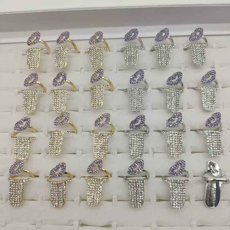 10 pz/lotto anelli per unghie con dito aperto in cristallo corona all'ingrosso per le donne labbra con strass per unghie proteggi i gioielli di moda malocchio
