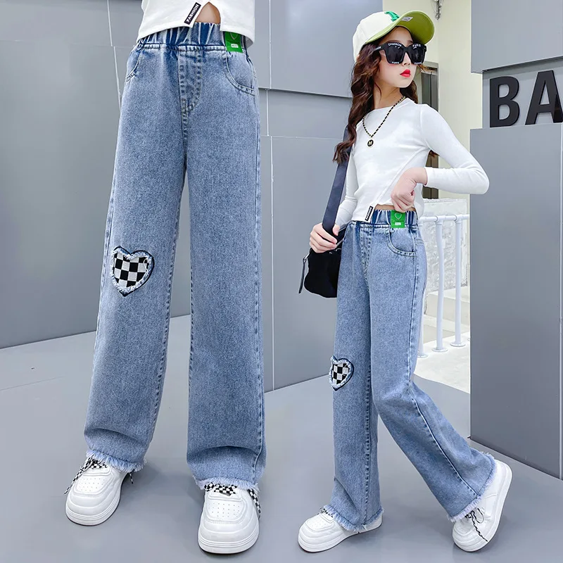 2023 Autumn Girls Jeans For Girl Teenage Elastic High Waist Denim Wide Leg Pants Kids Straight Trousers Children Ripped Jeans