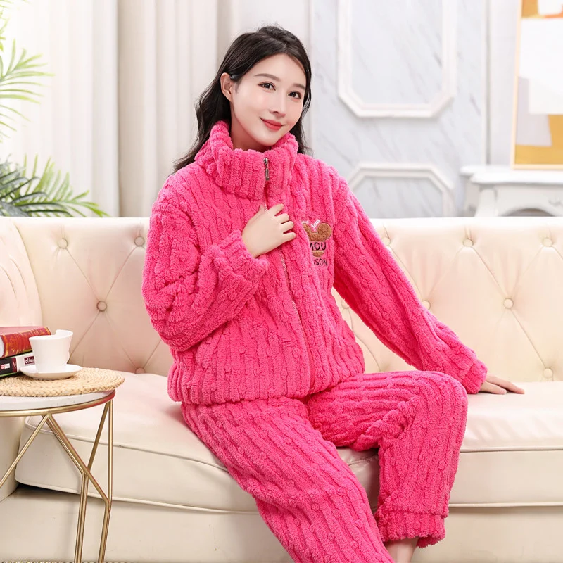Winter 2026 New Women Sleepwear Pajamas Hickened Coral Fleece Home Clothes Zipper High Neck Outerwear Warm Pants Suit 2 Piece