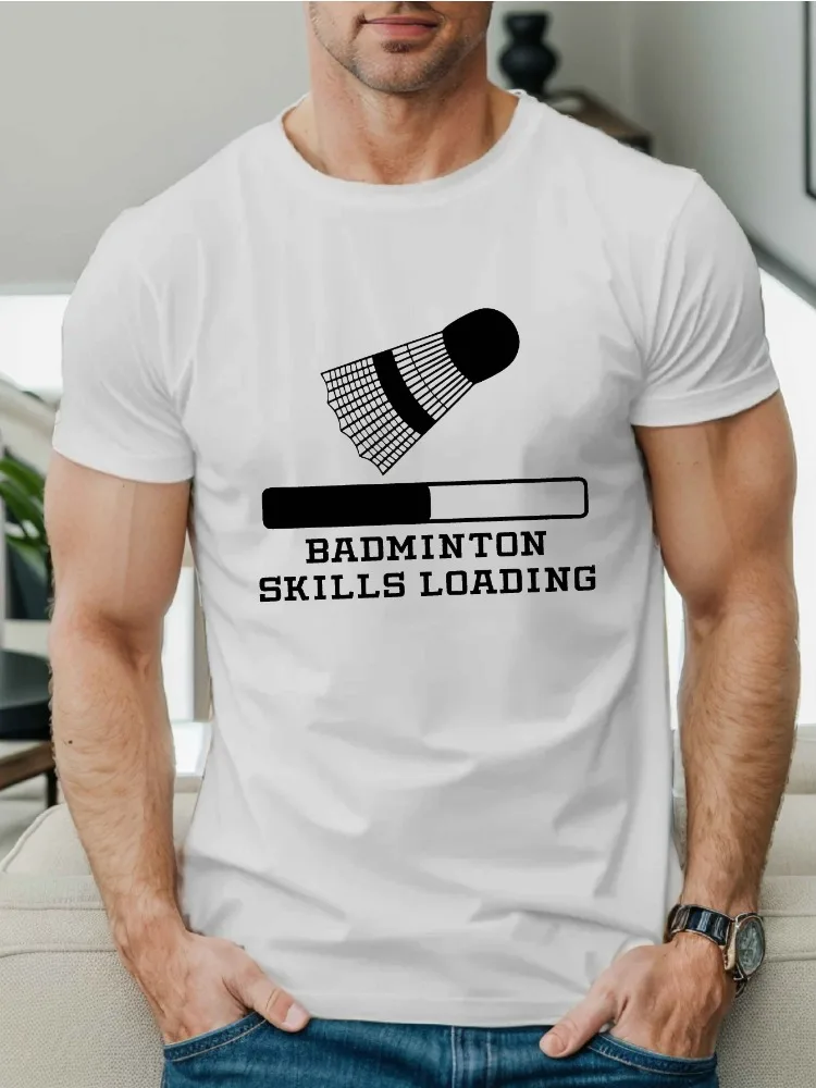 Men Sports Cotton Short Sleeve T Shirt Badminton Skills Loading Progress Bar Shuttlecock Graphic Crew Neck Casual Daily Outfit