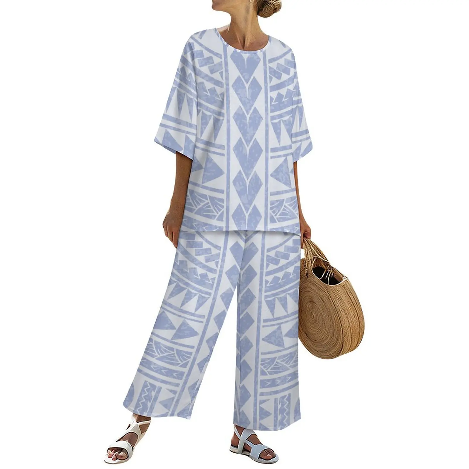 

1 минимальный заказ, дизайн полинезийского острова, большие размеры, женские широкие свободные брюки и топ с круглым вырезом и рукавами «летучая мышь»