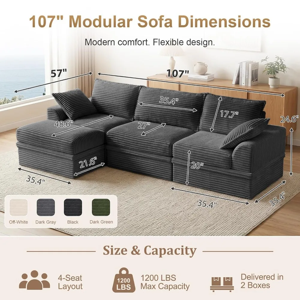 Upgraded Boneless Couch with Storage, Sectional Couches for Living Room, L-Shaped Modular Cloud Corduroy Sofa, Customized