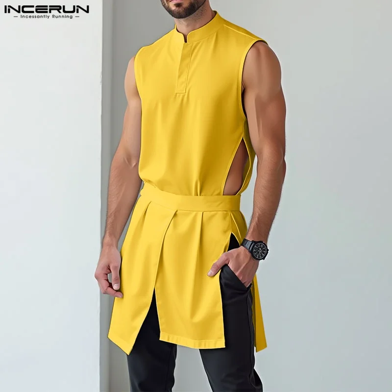 

Men Irregular Tank Tops Solid Color Stand Collar Sleeveless Casual Male Vests Streetwear Summer Hollow Out Unisex Tops INCERUN