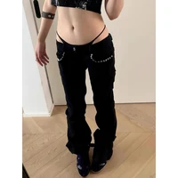 ZHIZOU Women Low Rise Jeans Black Flared Denim Pants Gyaru American Retro Korean Cyber Punk Trumpet Jeans Y2k Skinny Bell Bottom 2