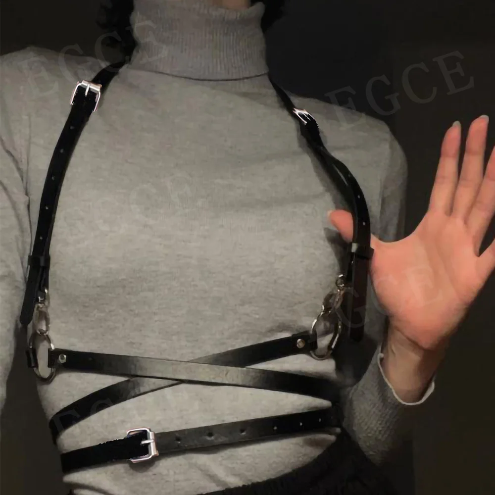 Sexy Harness Mulheres Anel Ligado Ombro Ajustável Moda Arnês PU Couro Corpo Bondage Punk Cinto Cage Roupas Rave