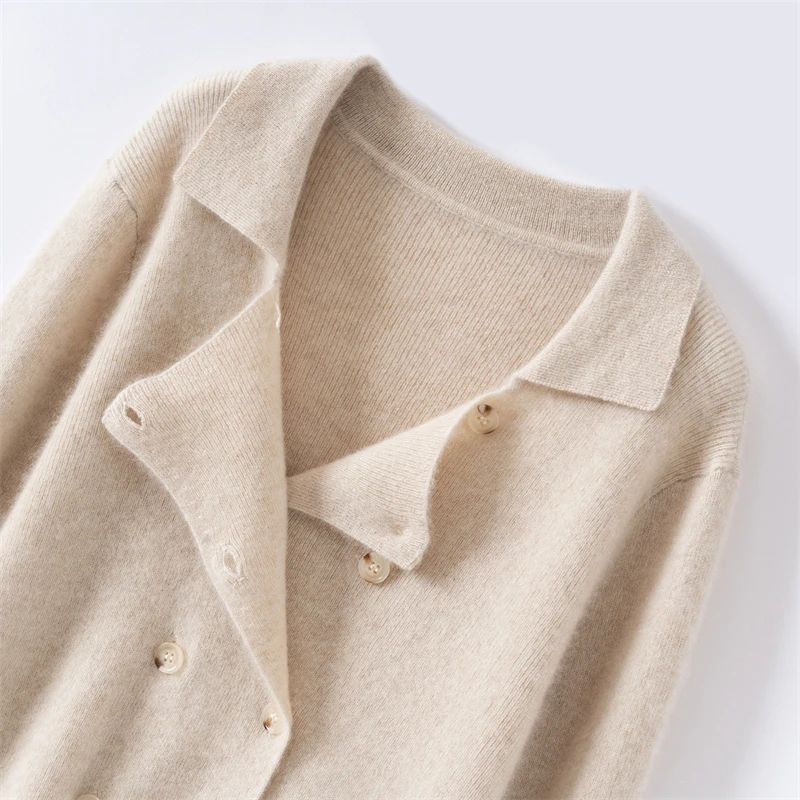 เสื้อสเวตเตอร์แคชเมียร์สำหรับผู้หญิง ฤดูใบไม้ร่วง ฤดูหนาว แบบกระดุมสองแถว ปกพับ คอปกแบบเรโทร ผลิตจากแคชเมียร์ 100% เสื้อถักสำหรับสุภาพสตรีทำงาน
