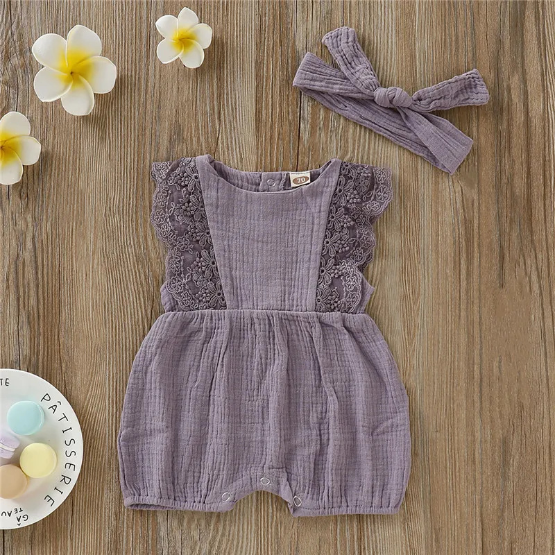 Newborn Baby Girl Solid Round Neck Lace Bodysuit and Headband Suitable for Cute Baby Girls Aged 0-18 Months Summer Bodysuit