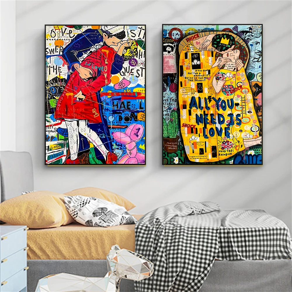 The Kiss Painting Pop Art Love Graffiti Oil Painting Poster Retro Banksy Style Wall Art Portrait Prints Popping Canvas Painting