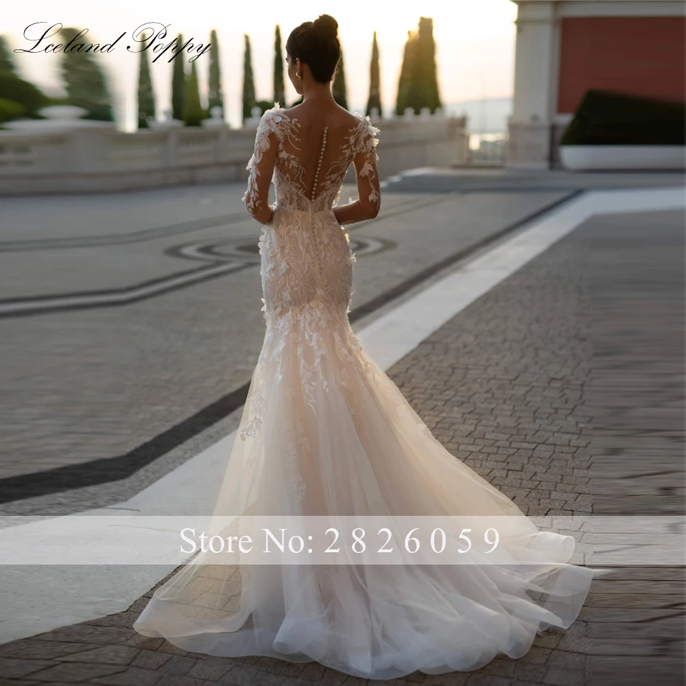 Lceland Poppy Customized Mermaid Lace Wedding Dresses Scoop Neck Long Sleeves Beaded Bridal Gowns with 3D Flowers