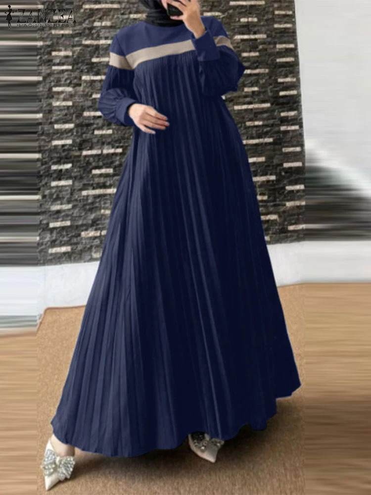 ZANZEA Elegant Abaya Islamic Robe Femme Pleated Vestidos Patchwork Sundress Women Spring Long Lantern Sleeve Muslim Dress