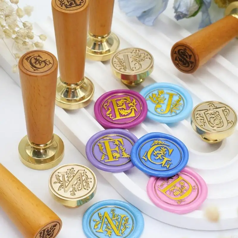 Brass Wax Seal Stamp Set Beechwood Grip and Engraved Tip for Gift Wrapping and Durability