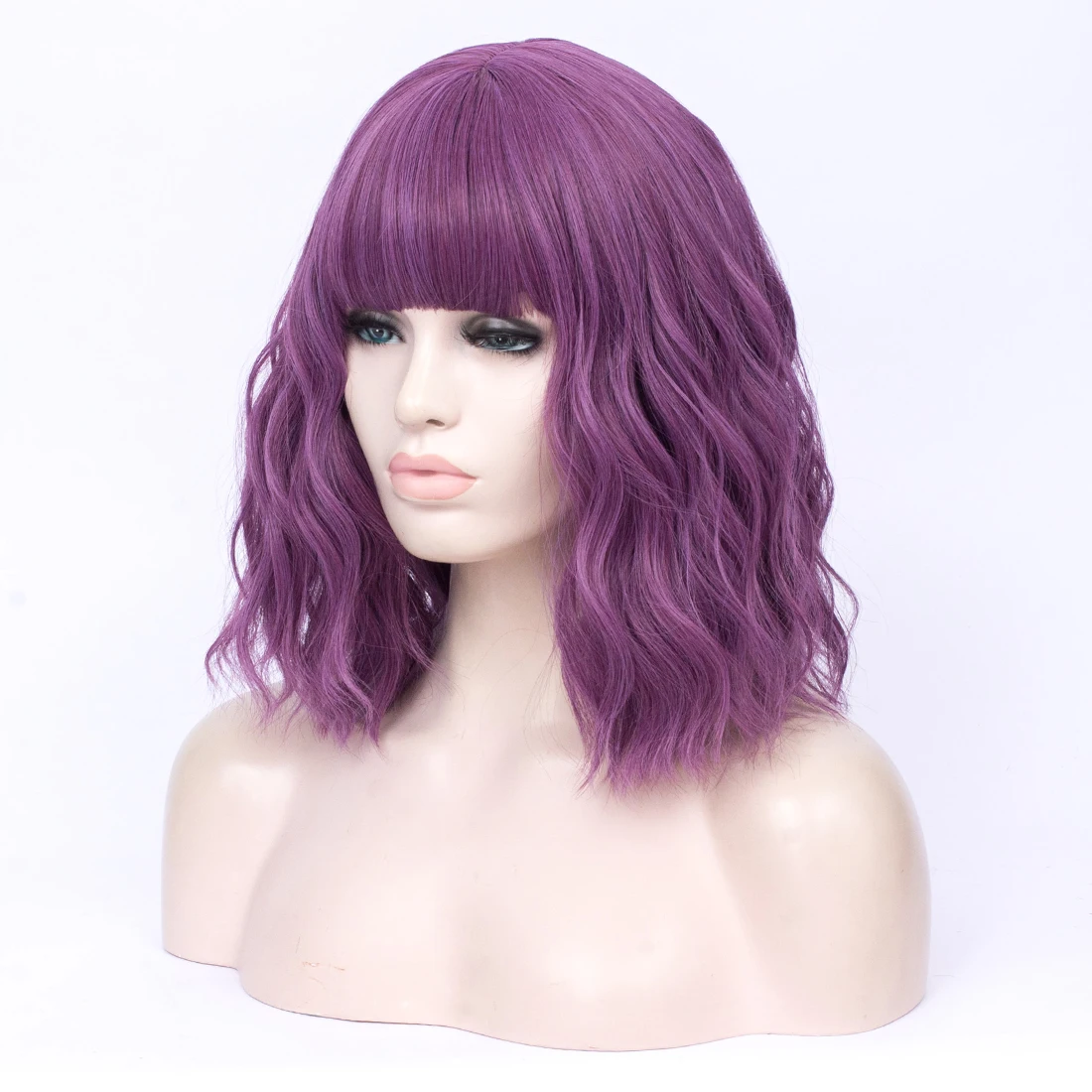 MSIWIGS Short Synthetic Wavy Bob Purple Wig with Bangs for Women Natural Looking Wig for Daily Cosplay Use