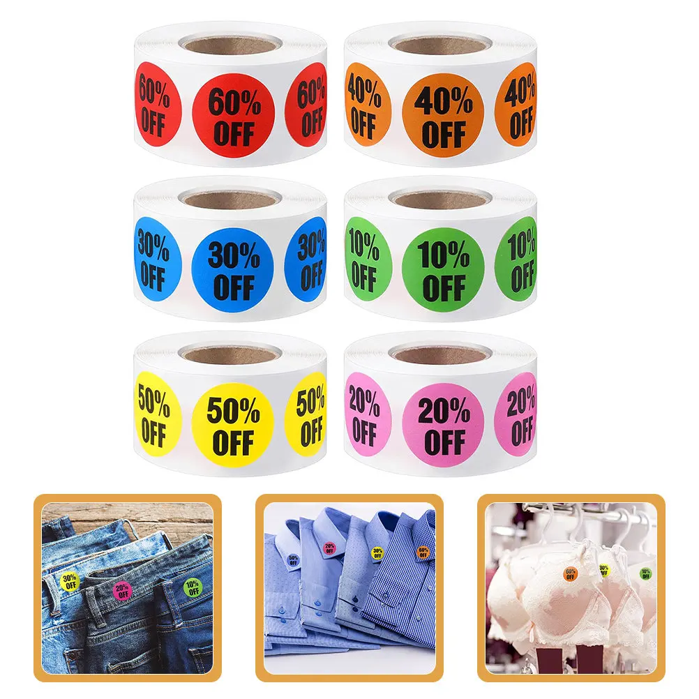 3000Pcs Stickers 10 to 60 Percent Adhesive Sale Labels 6 Rolls Multicolored Round Price Markers Retail Store