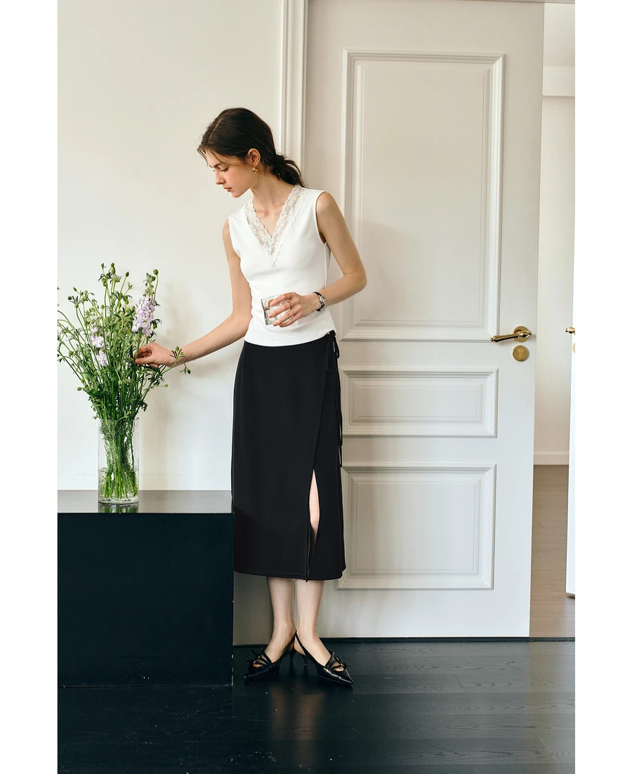 OLrain Black Slit Skirts Women 2025 Spring Summer Office Lady Lace-up Elegant Simple Split Midi Skirt Female Clothes O57XB96399
