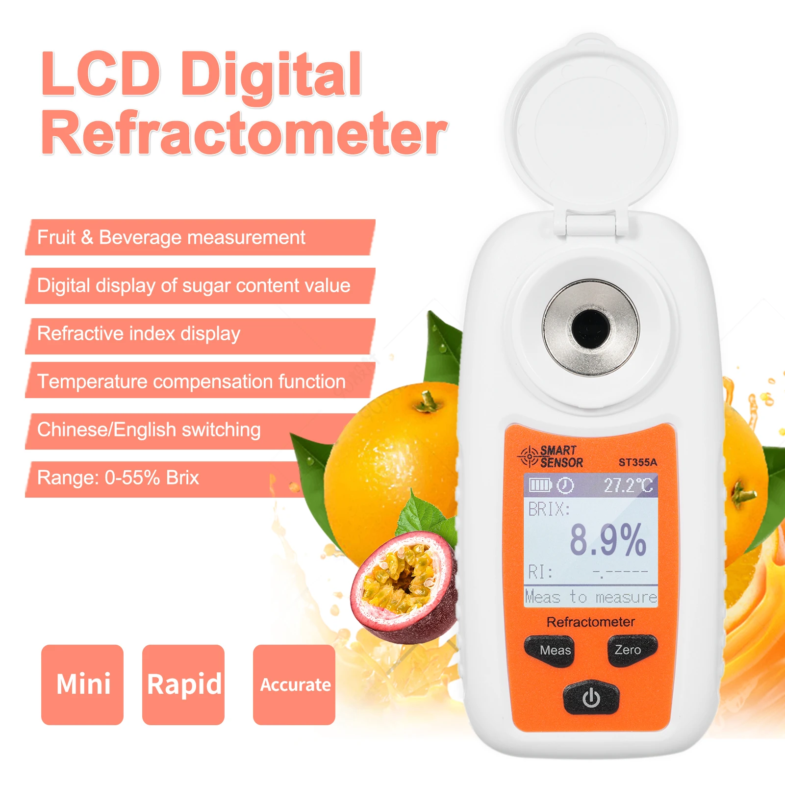 LCD Digital Refractometer Brix Meter Sugar Content Measuring Instrument Fruit Juice Beverage Wine Beer 0-55% Range