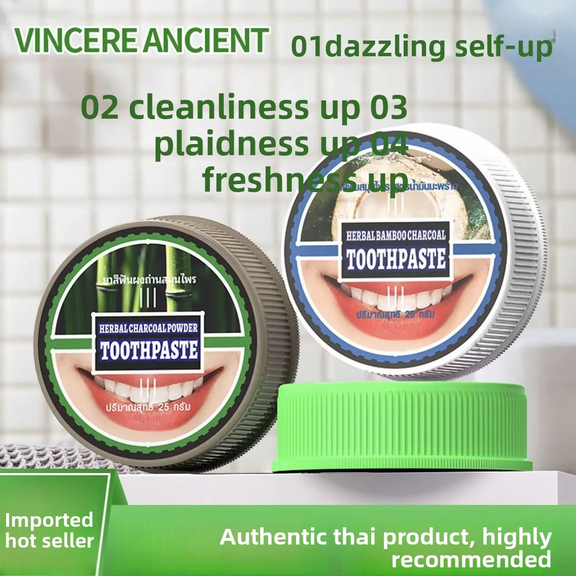 Thai VINCERE Dental Powder with Coconut Clove Bamboo Charcoal To Remove Yellow Wash White Remove Bad Breath Whiten Remove Tartar