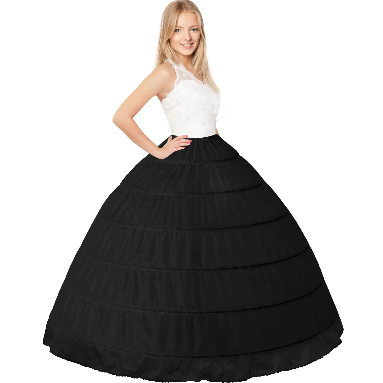 Black 6 Hoops Crinoline Long Wedding Petticoat Ball Gown Dress Underskirt Skirt Half Slips Wedding Accessories