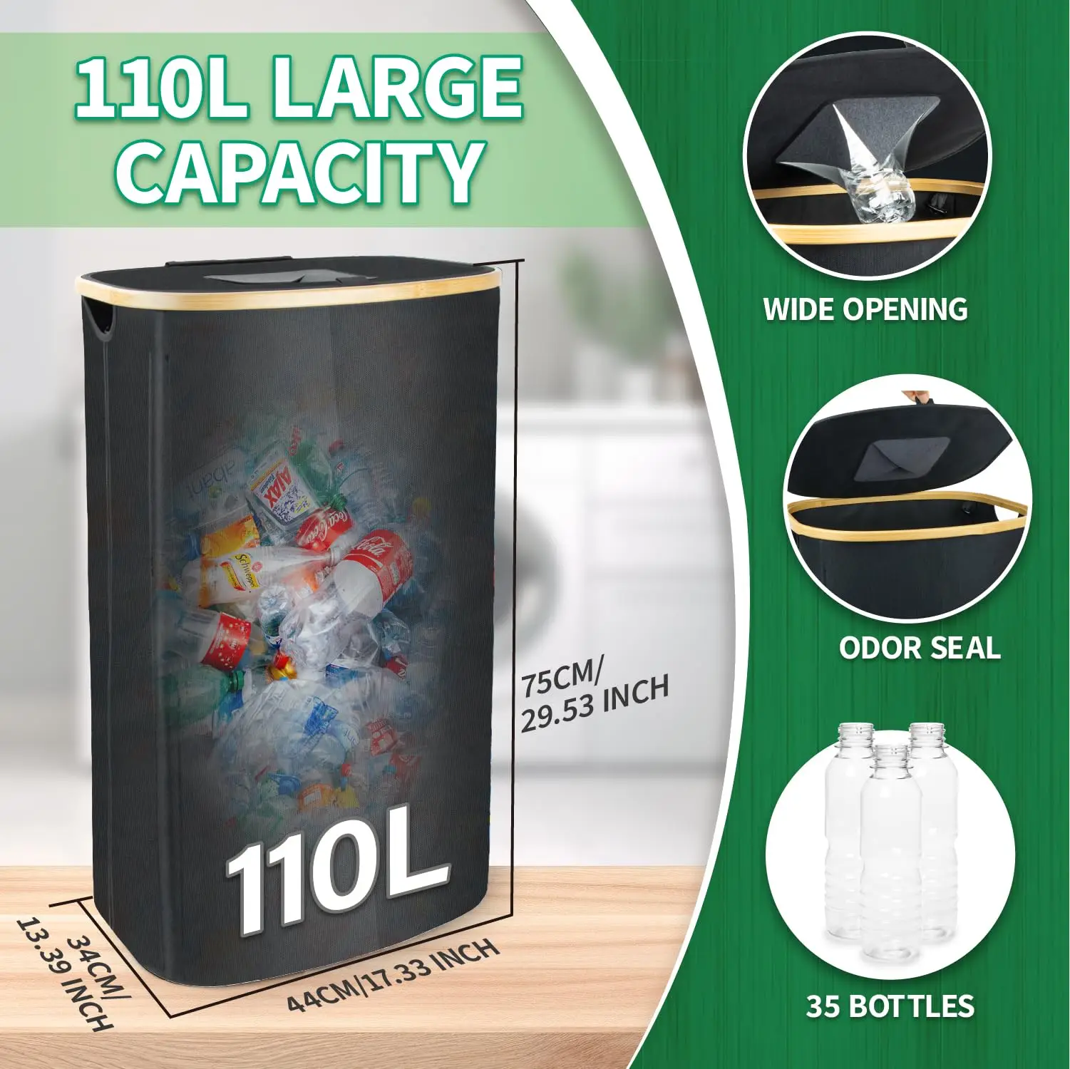 MOWETOO Large 100 Litre Recycling Bin with Two Removable Inner Pockets