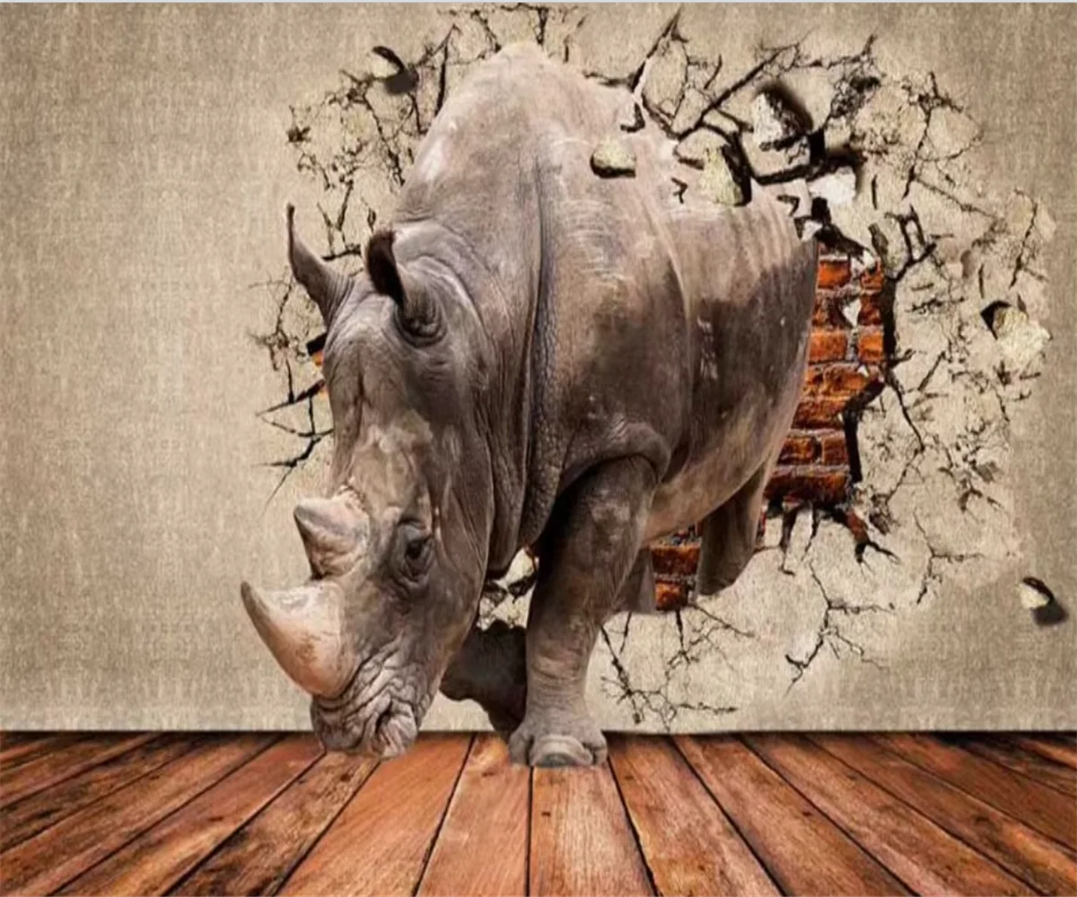 

Custom size mural Animal 3d Rhino mural Home decor Wood grain background wall painting room living room 3d wallpaper photo