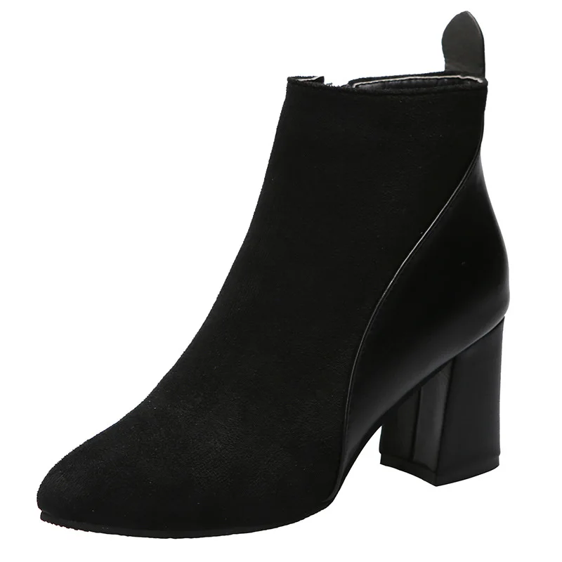 2025 Autumn/Winter Women Ankle Boots Pointed Fashion Short Boots Suede Panel Side Zipper Thick Heels Women's Shoes Large 44