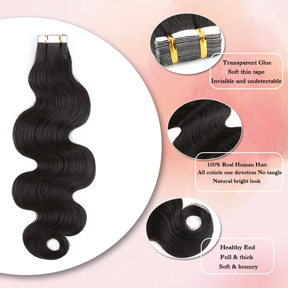 Body Wave Tape in Hair Extensions Human Hair 26 Inch Natural Black Wavy Hair Extensions Real Human Hair Tape ins 50g 20pcs