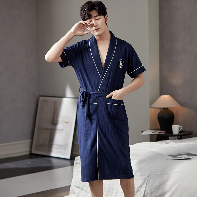 Fashion Bathrobe New Style Thin Cotton Knited Men Robes V Neck Mens Sexy Sleepwear Summer Male Kimono Short Sleeve Pajamas L-4XL