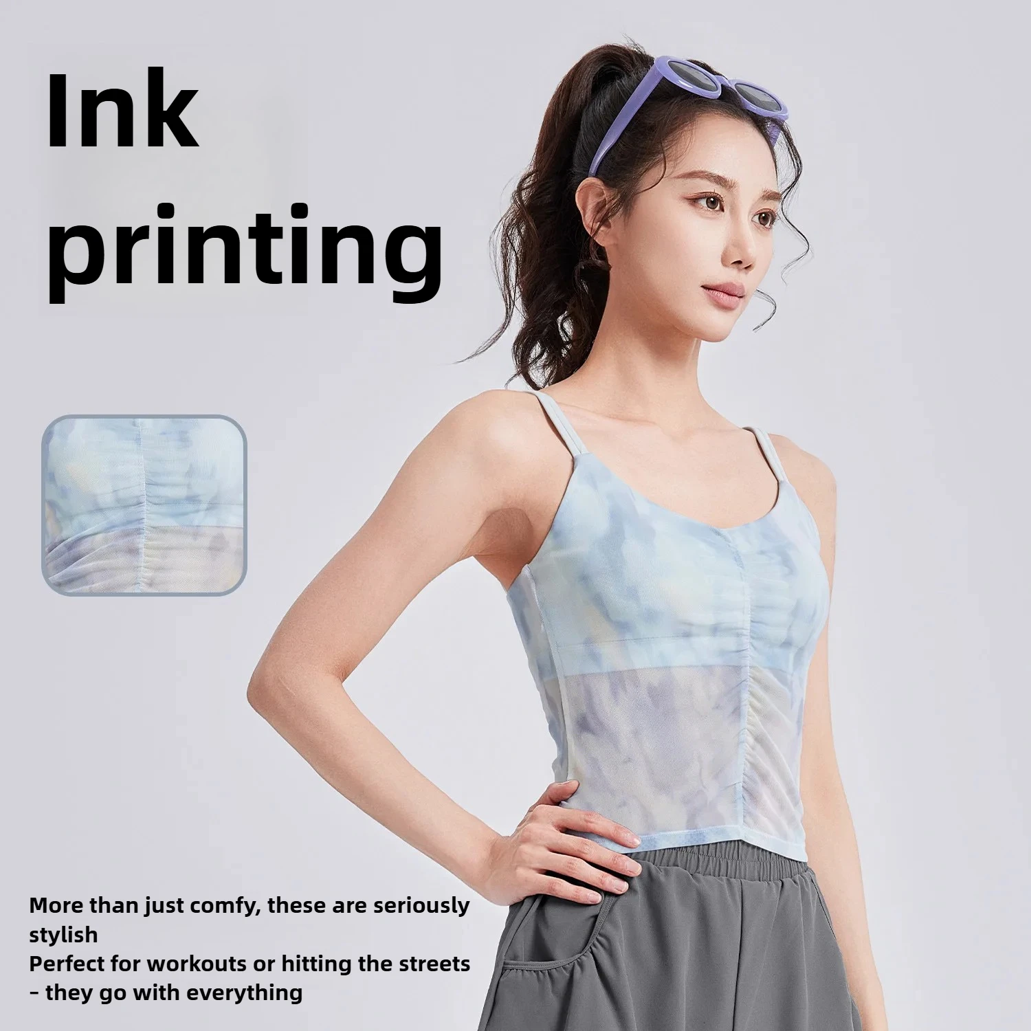 

New national style printed yoga vest integrated fixed cup outer wear sports underwear sling women