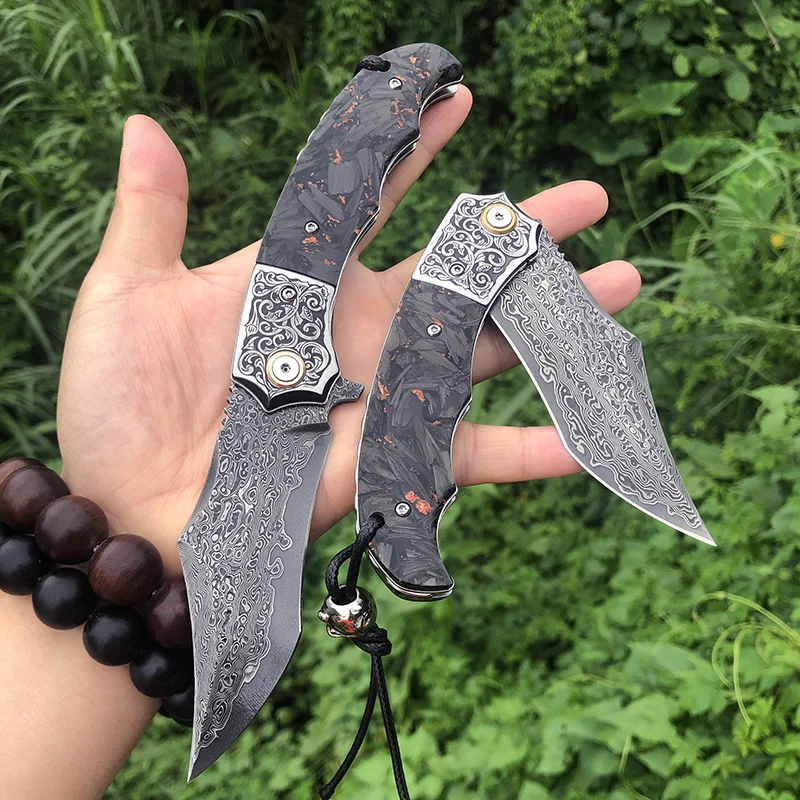 

Damascus Steel Carbon Fibre Handle Outdoor Hunting Pocket Folding Knife Field Survival Tactics Self Defense EDC Tools