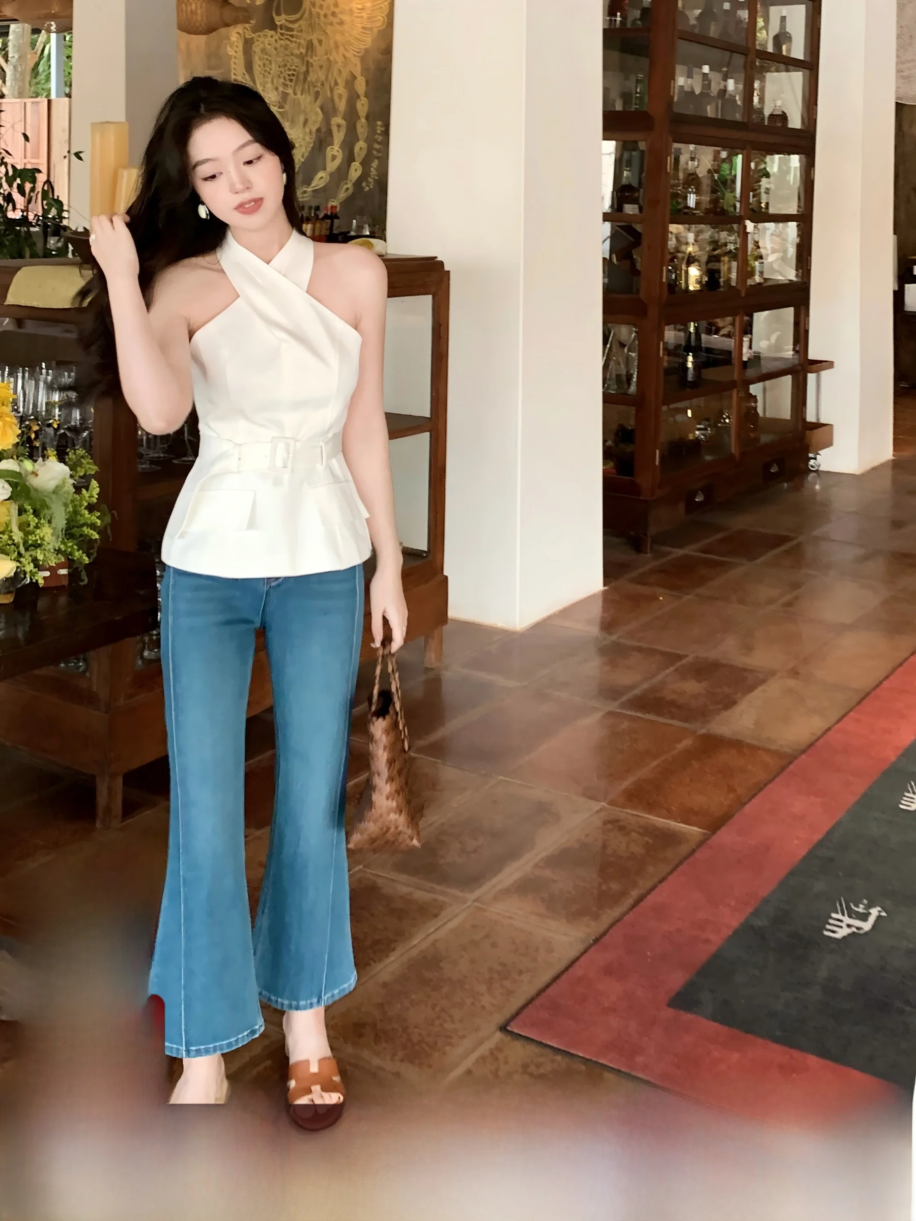 

Slim Fit Casual Style Bell Bottom Jeans Women's Nine Points Simple Fashion Jeans Trouser Natural Waist Zipper Closure Pure Color