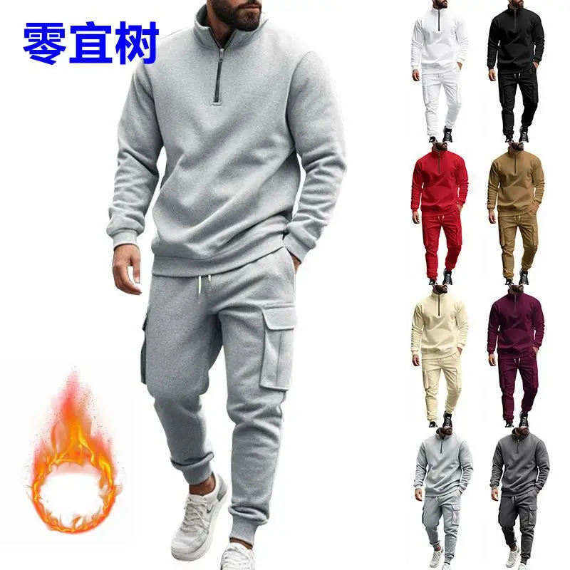 

Men's Autumn Winter Fce Lined Zipper Sports Pants Set Warm Casual American Sle Long Sve Clothing Long Pants Thermal
