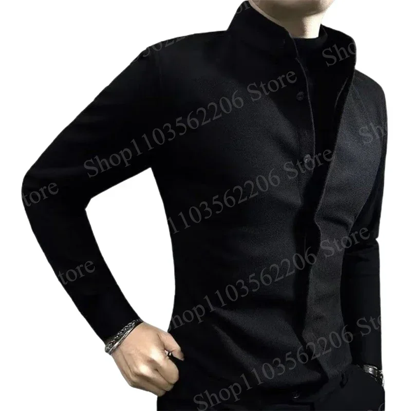 Tweed Warm Men's Long-sleeved Shirt Solid New Wedding Party Dress