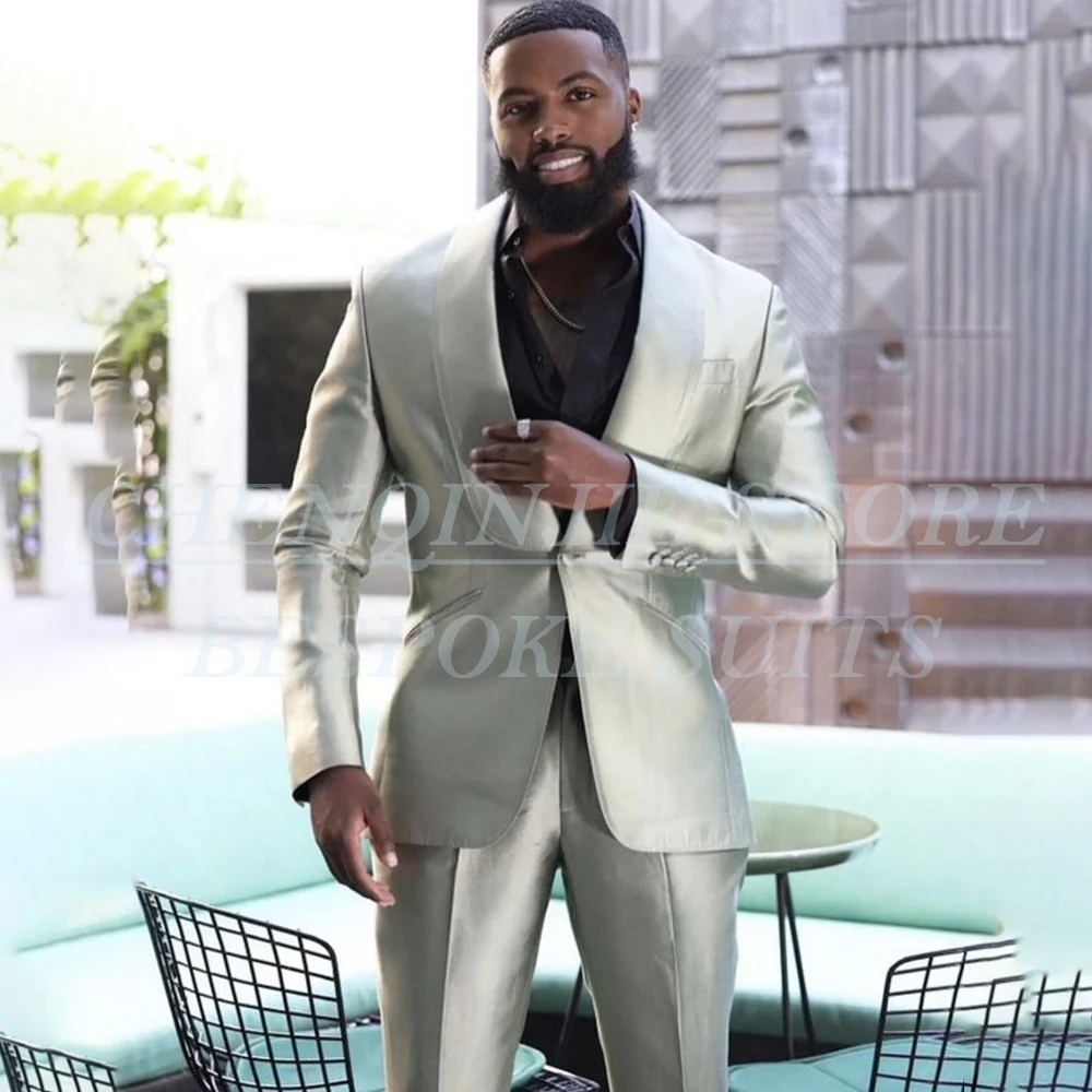 

Модные серебристые мужские костюмы на одной пуговице, элегантные индивидуальные шаль с лацканами, свадебная мужская одежда, роскошные комплекты из двух предметов, куртка и брюки