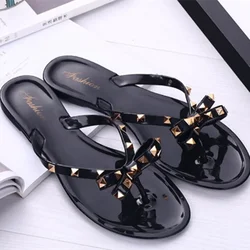 Women Low Pricing  Jelly Shoes Rivets Studs Bow-Knot Leisure Daily Flip-Flops For Raining Days Anti-Slip Flat Slippers Zoris 36