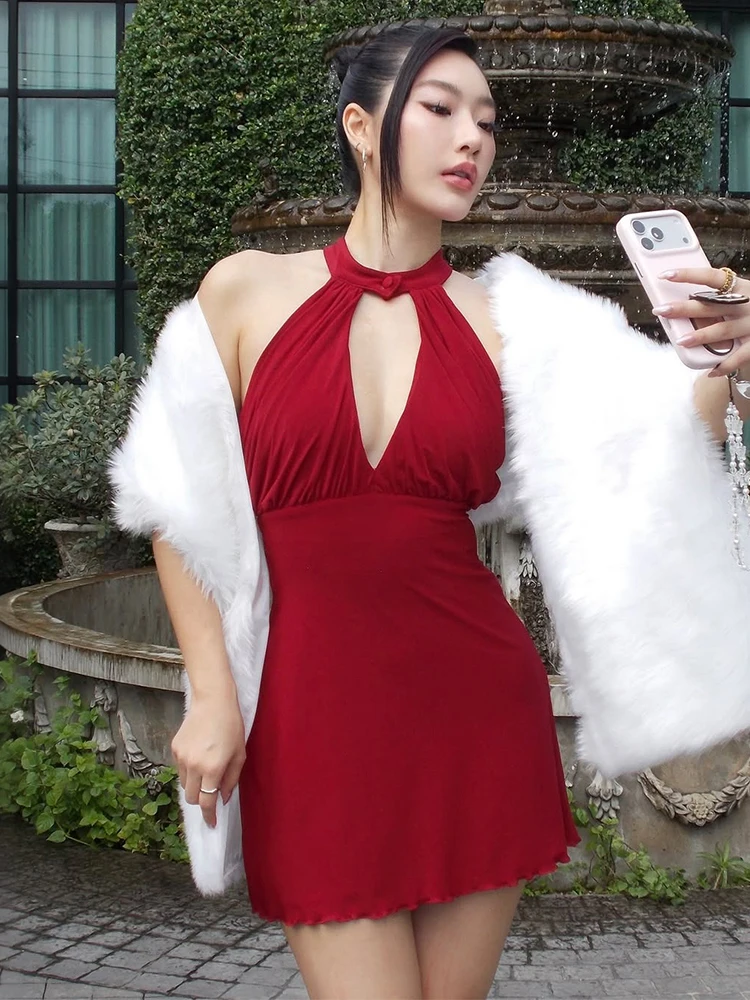 Nibber botão vestido feminino o pescoço oco sem costas sem mangas dobras zíper magro moda sexy festa de formatura elegante mini bodycon