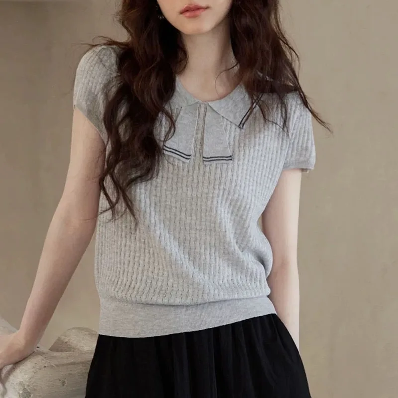 

Knitted Sweater Women Pullovers Doll Collar New Summer Knit Sweater Pullover Women Tops White Short Sleeve Sueter Feminino Q4540