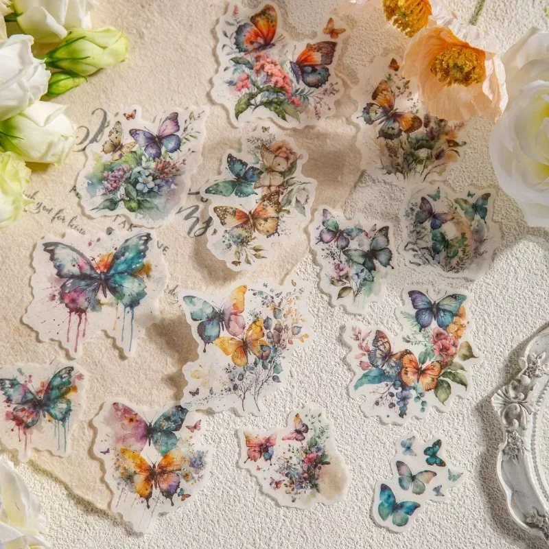 عبوة ملصقات لصبغ الفراشة ، كولاج مزهر ، لوازم مواد ، قصاصات يدوية الصنع ، كتاب كتابة كتيب القصاصات ،-75x50 ، زهرة: 20