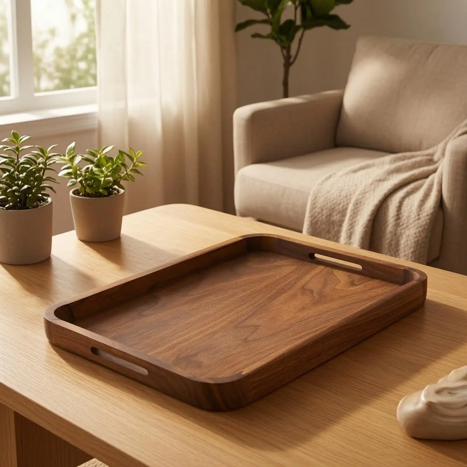 Wooden Serving Tray with Cutout Handles Rounded Corners Walnut Wood Serving Tray Rectangular Dark Brown for Entertaining