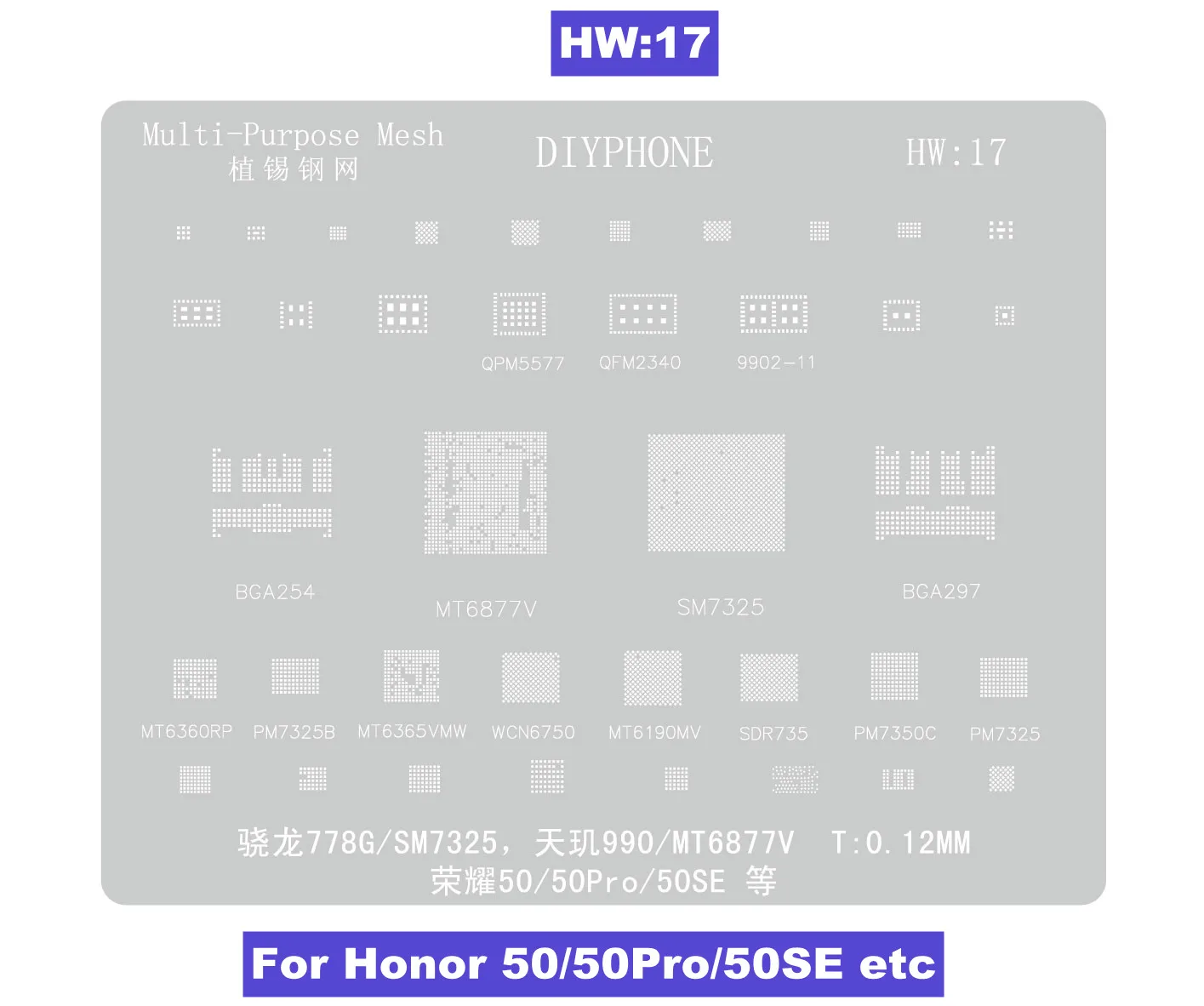 Plantilla de Reballing HW1-18 BGA, Kirin 9000S HI36A0 para Huawei Mate 60/60Pro/60RS/X5/Honor X30 /V20/Magic 2 CPU RAM IC Steel Mesh