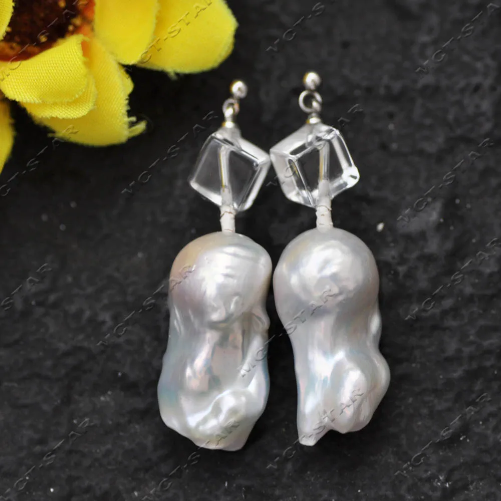 Z14563 26mm White Baroque Reborn Keshi Pearl A+ Clean Sugar Cube Crystal Dangle Earring Earrings 