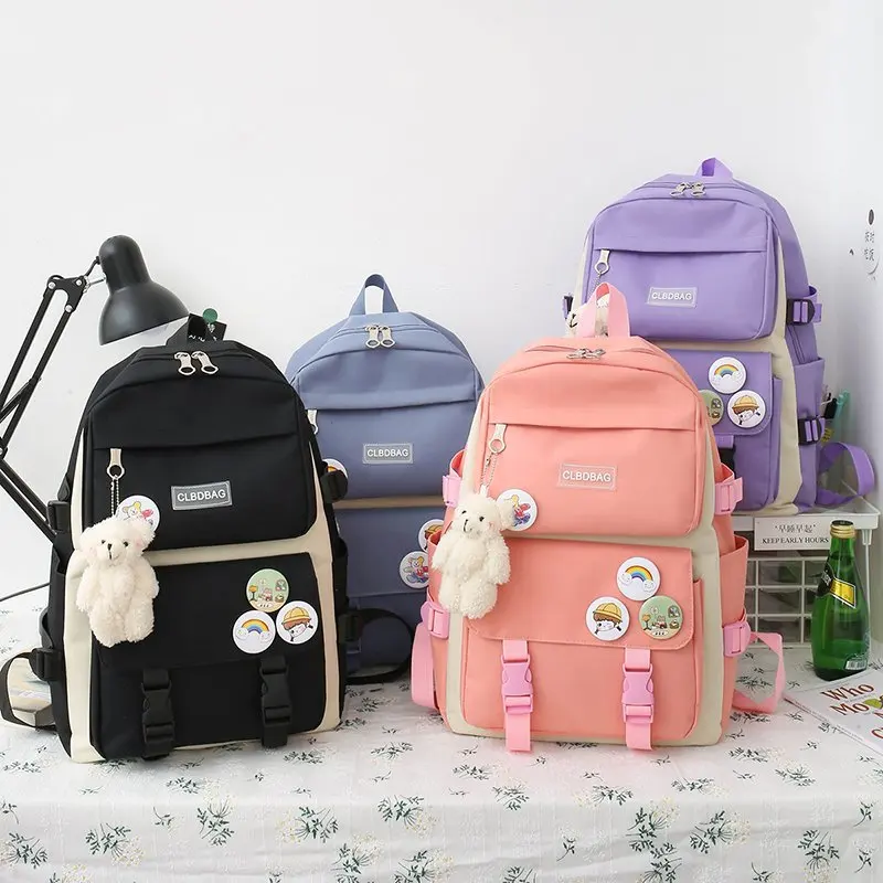 5 Piece Set School Bags For Teenage Girls Canvas Solid Color Women Backpack Female Teen Student Schoolbag