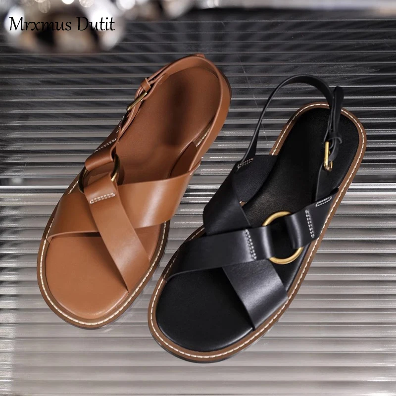 MrxmusDutit Retro Roman Designer Sandals Female 2023 New In Solid Color Leather Sandalias Cross Strap Design Fashion Flat Sandal