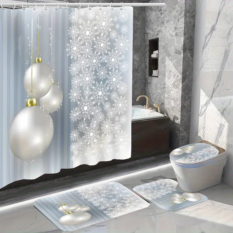 4PCs Christmas home decor waterproof shower curtain sets with 12 hooks toilet seat cover bathroom mat non-slip rug carpet po