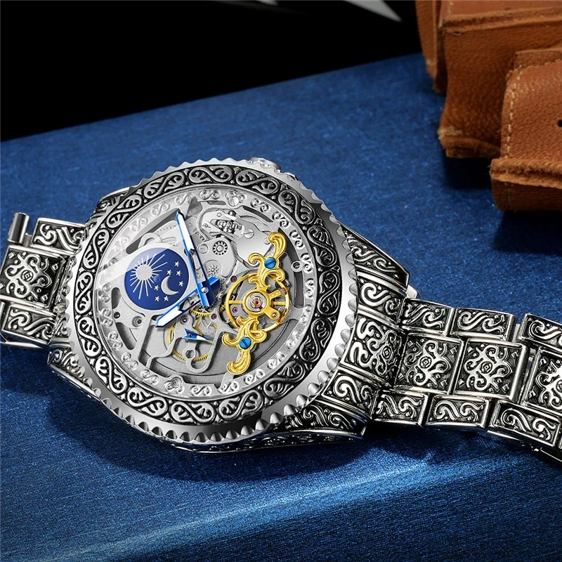 Imagem -05 - Forsining Homem Tourbillion Relógio de Pulso Mecânico Automático Fase da Lua Esqueleto Aço Inoxidável Relógio Masculino Relógio Masculino