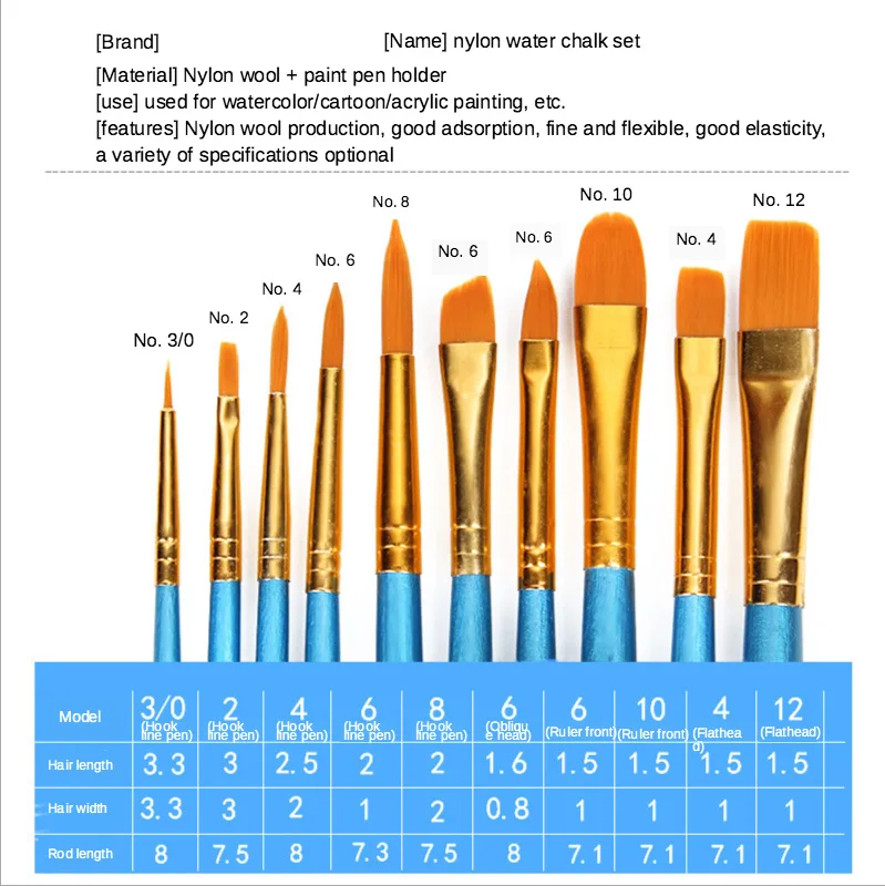 10 Pcs Artists Paint Brush Set Acrylic Watercolor Round Pointed Nylon Tip Hair Multifunction hook line short pointed Pen