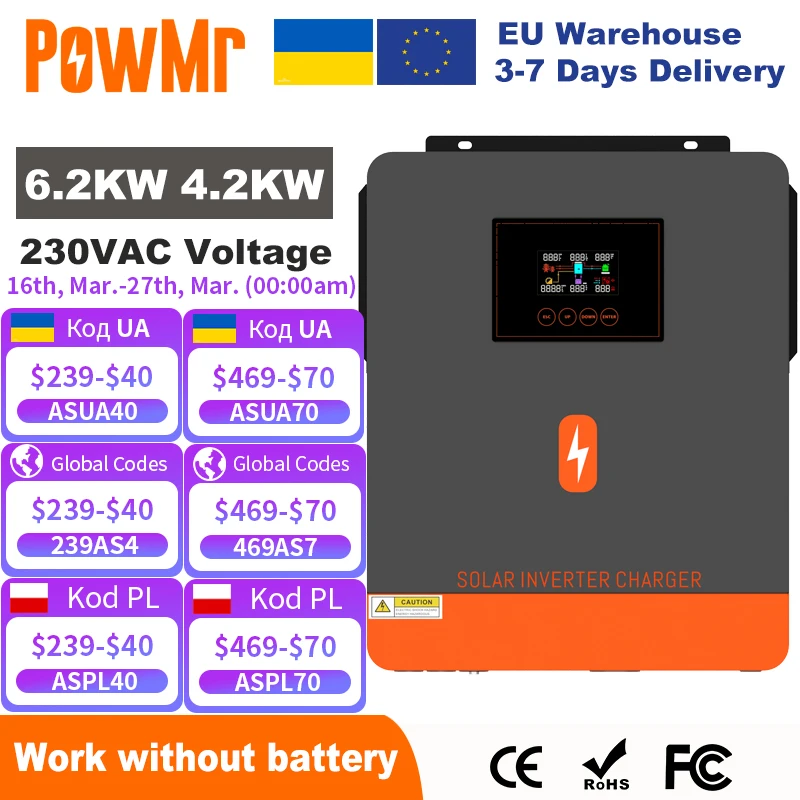 PowMr 6.2KW 4.2KW Hybrid Solar Inverter On Grid Pure Sine Wave Inverter 24V 48V 230V Dual Output with MPPT 120A Solar Charger