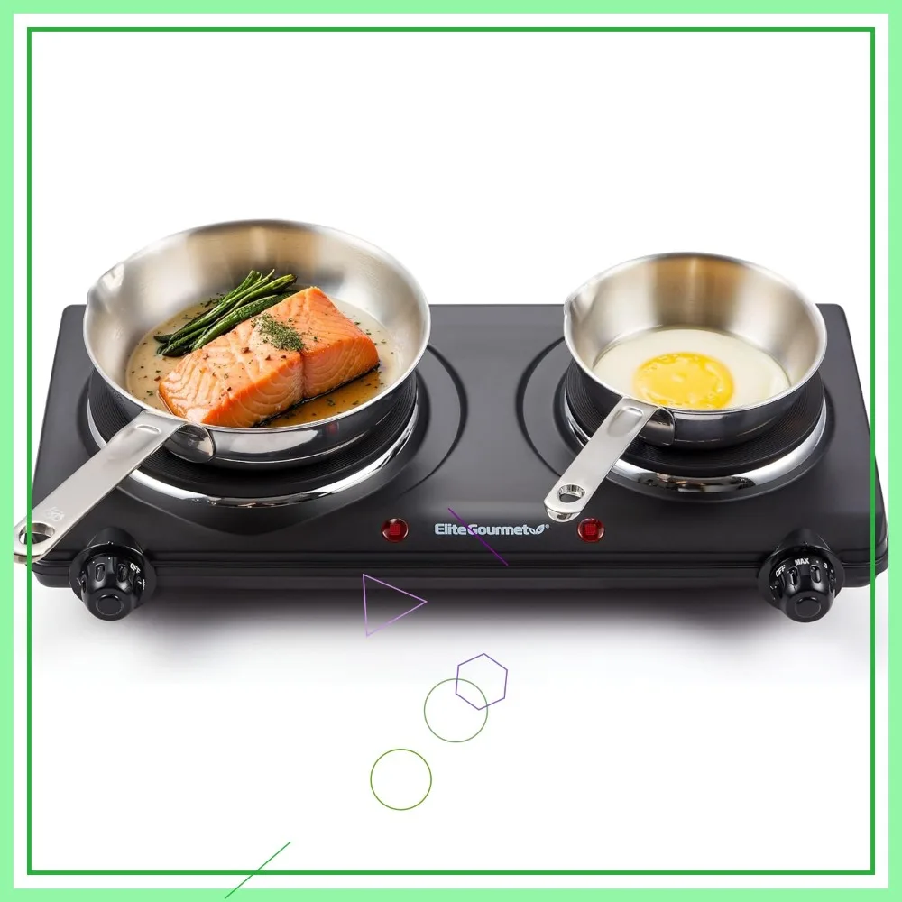 

Countertop Double Cast Iron Burner, 1500W Electric Hot Plate with Temperature Controls and Easy-Clean Black Design