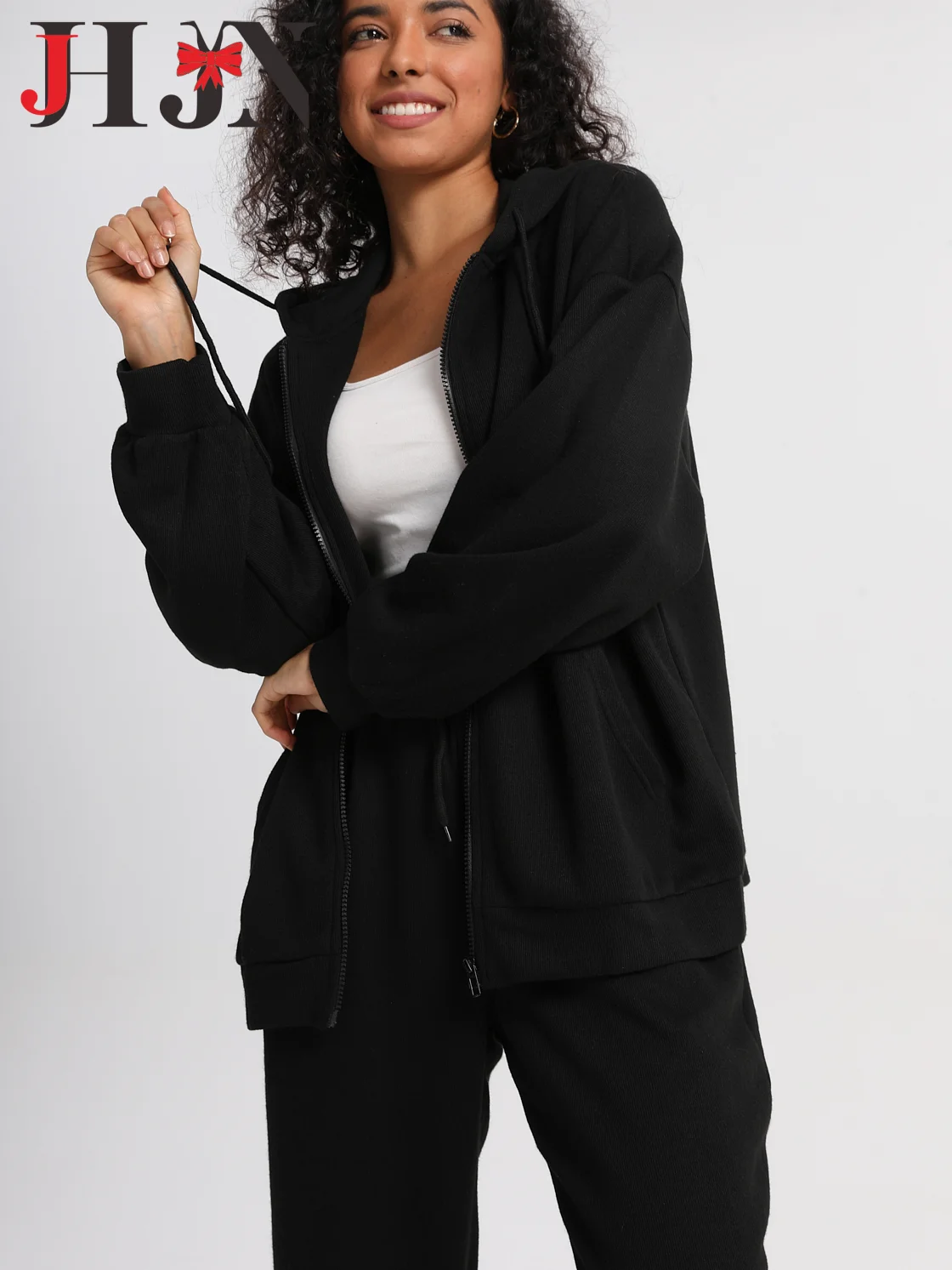 

JHJN New Woman Hoodie Sets Solid Back Print Cardigan Long Sleeve Tops With Pockets Casual Sweatpants Loose Black Two-Piece Suit